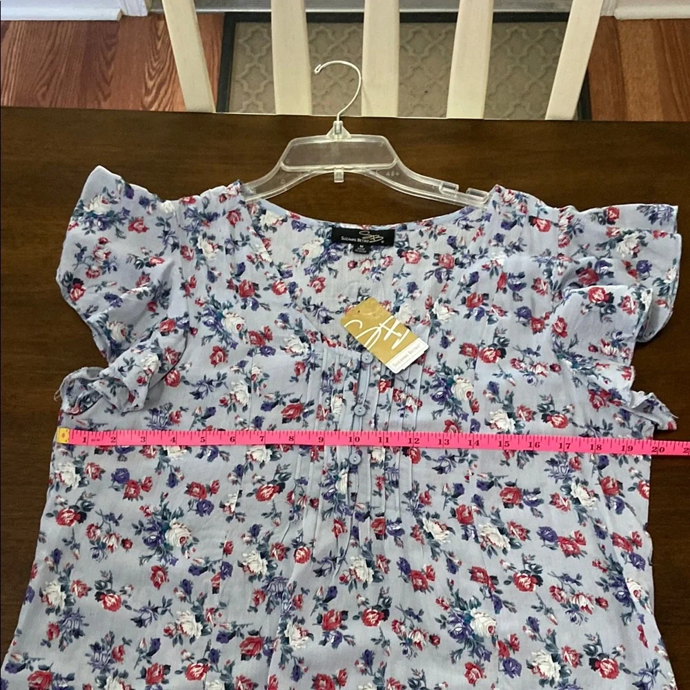 Suzanne Betro Blue Ruffled Cap Sleeve Blouse - Picture 6 of 8